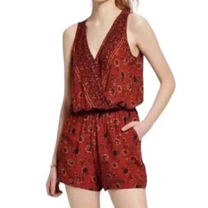 Mossimo Gauze Rust Burnt Orange Sunflower Summer Boho Romper w/ pockets